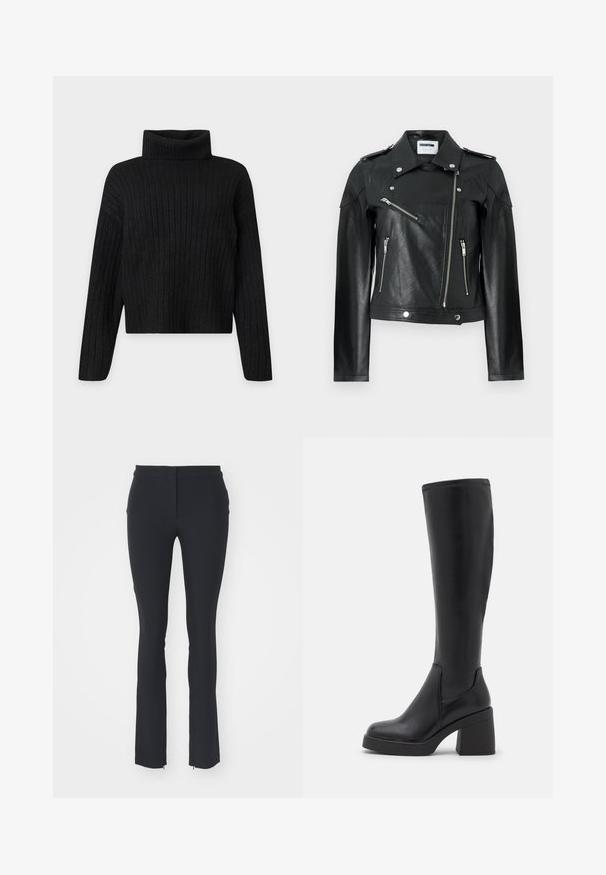 Veste de moto en cuir noir avec un design court, des fermetures éclair en argent, des boutons-pression et des épaulettes. Elle présente une finition texturée.; Pull à col roulé en tricot côtelé noir avec manches longues et coupe légèrement raccourcie sur un fond clair uni.; Pantalons noirs extensibles avec un design ajusté, présentant une texture lisse, une coupe droite et de petites fermetures éclair sur le côté à l'ourlet.; Call it Spring BRITNAY - Bottes à plateau - black
