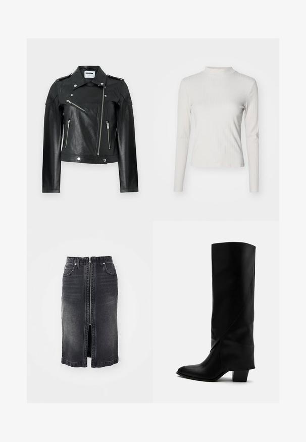 Chaqueta de moto de cuero negro con un diseño corto, cremalleras plateadas, cierres a presión y hombreras. Presenta un acabado texturizado.; Top de manga larga en beige claro con textura acanalada, cuello alto simulado y textura suave, con un corte ajustado y detalles de diseño mínimos.; Falda de mezclilla negra con cremallera frontal, dos bolsillos laterales, diseño de longitud media y un ligero desgaste. Presenta un corte recto y bordes dobladillos.; Bota alta de cuero negro con costuras anguladas, puntera puntiaguda y tacón grueso de altura media sobre fondo blanco.