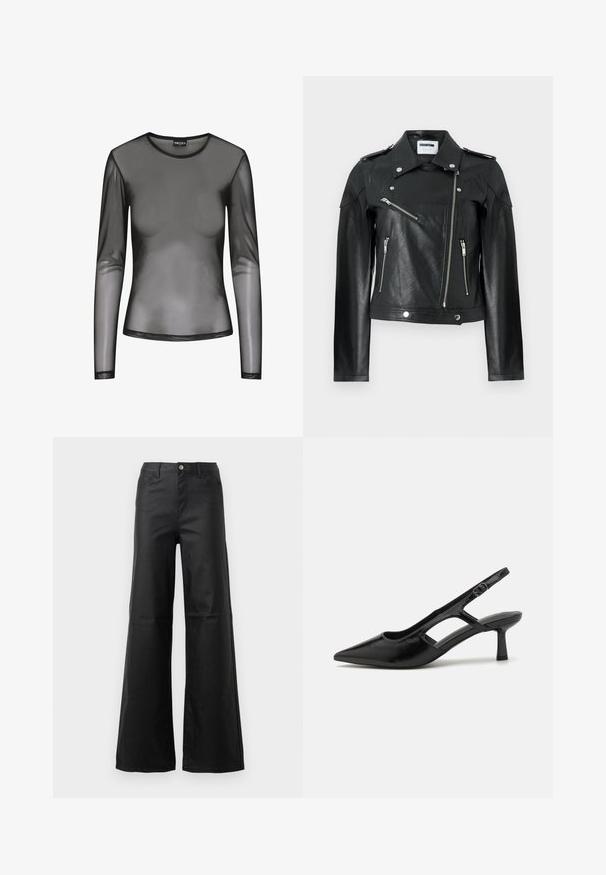 Zwarte leren motorjack met een cropped ontwerp, zilveren ritsen, drukknopen en schouderepauletten. Beschikt over een gestructureerde afwerking.; Zwart langmouwig mesh-shirt met een ronde halslijn, gemaakt van doorschijnende stof en een aansluitende pasvorm. De randen zijn afgewerkt met zwarte stiksels.; Zwarte wijde jeans van soepele denim, met een knoopsluiting, voorzakken en een hoge taille.; Zwarte slingback hakken met een spitse neus, gemaakt van glanzend materiaal, met uitsnijdingen en een gematigde hak voor ondersteuning.