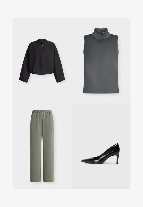 Veste bomber noire courte avec manches longues, fermeture éclair frontale et deux poches latérales, présentée sur un fond clair uni.; Haut sans manches gris foncé avec col roulé haut et fermeture à bouton à l'arrière du cou sur fond blanc.; Pantalon ample vert olive avec taille élastique et tissu lisse, montré à plat sur fond blanc.; Chaussure à talon haut en cuir noir avec un bout pointu, texture lisse et un talon effilé. Design minimaliste, sans embellissements supplémentaires.