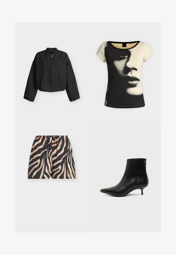 Veste bomber noire courte avec manches longues, fermeture éclair frontale et deux poches latérales, présentée sur un fond clair uni.; Top ajusté à manches courtes noir et crème avec un motif abstrait de visage en style demi-teinte à l'avant et un col rond.; Shorts zébrés noirs et fauves avec une ceinture élastique et un cordon de serrage à l'avant, présentés sur un fond clair uni.; Bottine en cuir noir avec bout pointu et petit talon kitten sur fond clair, vue côté extérieur.