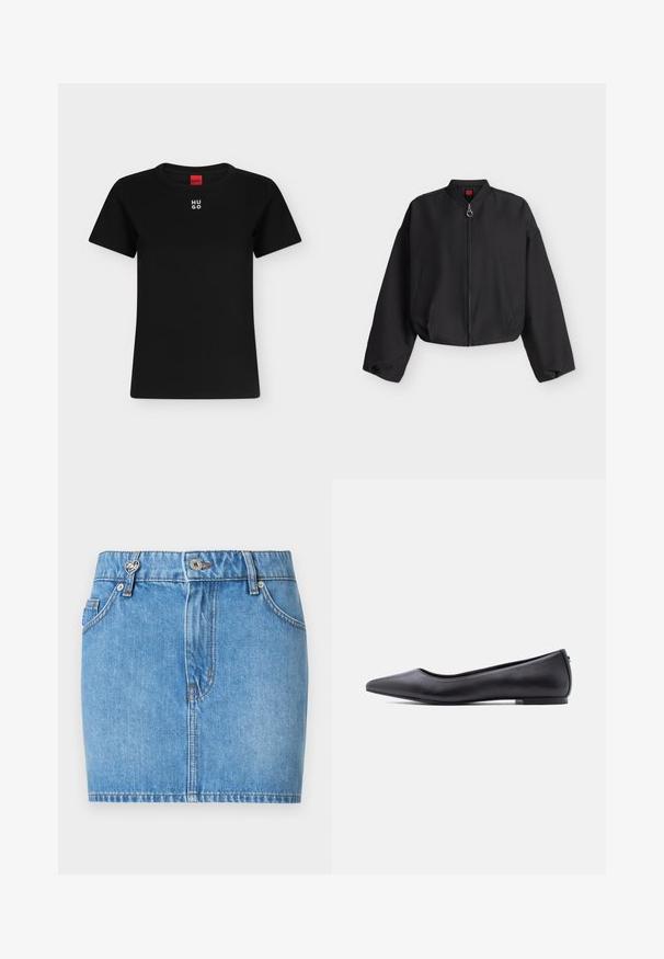 Zwarte cropped bomberjack met lange mouwen, voorrits en twee zijzakken, weergegeven op een effen lichte achtergrond.; Zwart T-shirt met korte mouwen en ronde hals met wit "HUGO"-logo gecentreerd vlakbij de kraag, rood label binnenin de hals.; Blauwe denim minirok met voorzakken, ceintuurlussen, knoopsluiting en een klein metalen hartvormig accent op de linker ceintuurlus.; Zwarte platte leren schoen met puntige neus en lage hak, zijaanzicht tegen een witte achtergrond.