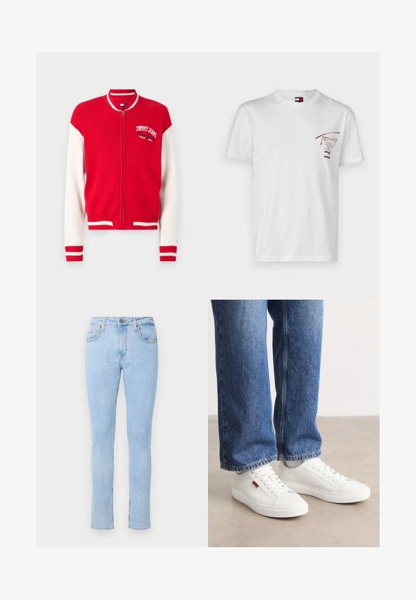 Rød og hvid ribstrikket bomberjakke med lynlås, der har et Tommy Jeans-logo på brystet og stribede detaljer på manchetter og kant.; Hvid bomulds t-shirt med korte ærmer og rund hals. Har et rødt grafisk tryk på venstre bryst, der viser mærkenavne og steder.; Lyseblå denimjeans med en tætsiddende design, fem-lommestil, frontknaplukning og subtilt slidte områder. Slim fit med lige ben.; Hvide sneakers med en glat overflade, rund tå og flad sål. Accompaneret af blå denim jeans med en lige pasform og synlige sømme.