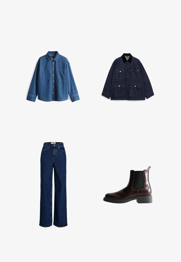 Spijkerjack in donkerblauw met een katoenen kraag, voorzien van vier voorzakken, drukknoopsluitingen en een relaxed fit ontwerp.; Denim shirt, lichtblauw, lange mouwen, knopenlijst aan de voorkant, kraag, enkele borstzak, contrasterende stiksels en een ontspannen pasvorm.; Donkerblauwe jeans met een hoge taille en wijde pijpen, voorzien van steekzakken aan de voorkant, lussen voor een riem, knoopsluiting en zichtbare stikdetails.; Bruine leren enkelboot met elastische zijpanelen, ronde neus en een gestructureerde zwarte rubberen zool. Heeft contrasterende stiksels en een lusje aan de achterkant.