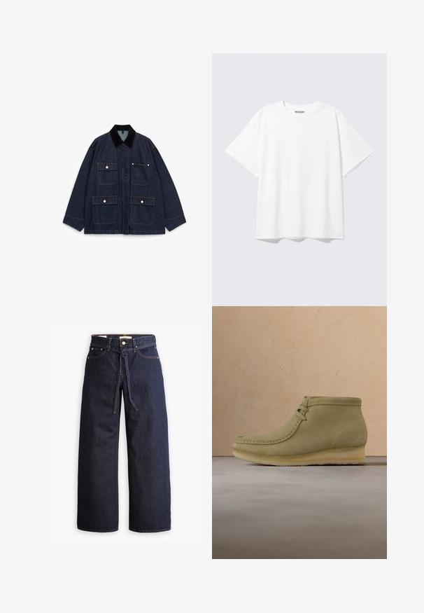 Veste en denim bleu foncé avec un col en velours côtelé, dotée de quatre poches avant, de boutons-pression et d'un design décontracté.; T-shirt blanc à manches courtes, col rond, coupe décontractée et étiquette "WEEKDAY" à l’intérieur du dos du col.; Jeans en denim bleu foncé à jambes larges, avec une taille haute, dotés d'un lien à cordon, de cinq poches et de détails de couture contrastants.; Bottines en suédine beige avec un bout arrondi, des coutures minimales, un petit talon et un laçage pour un ajustement réglable.