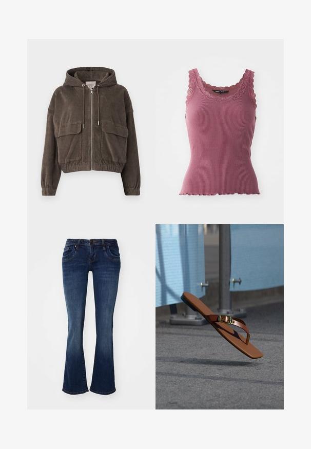 Ruskea corduroy-takki hupulla, etuvetoketjulla, suurilla läpivienteillä, joustavuusnärhellä ja lyhyellä muotolla. Pehmeä rakenne pystysuorilla urilla.; Ribba pingviin tank top kuppunehega ja pitsäärisega kaeluse ja rihmade ääres, valmistatud pehmest ja venivast materjalist.; Tummansiniset farkut, joissa on leveä lahje ja keskikorkea vyötärö, viisi taskua sekä huomaamattomat ompeluyksityiskohdat saumoissa ja taskujen reunoissa.; Ruskea nahkainen varvassandaali, jossa kultainen solki, leijailee harmaan asfaltin yläpuolella metallipylväiden ja sinisen aidan läheisyydessä.