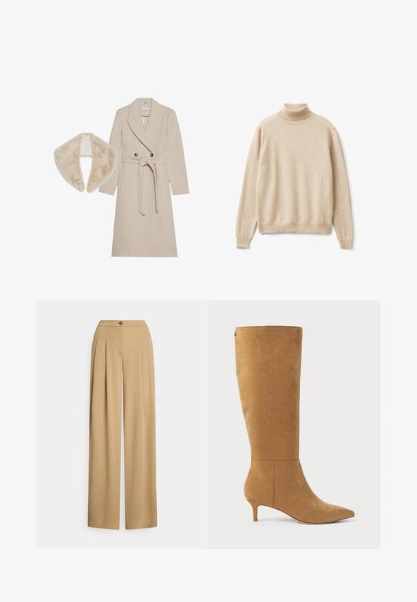 Beige wollen jas met een dubbel-breasted ontwerp, riem en grote revers; gecombineerd met een zachte, nep bont kraag in een bijpassende tint.; Beige coltrui van zacht gebreide stof, met een geribbelde kraag en manchetten, en een relaxed fit met een rechte zoom.; Beige brede broekspijpen gemaakt van gladde stof. Voorzien van een knoopsluiting, plooien aan de voorkant en een ontspannen pasvorm met een rechte silhouet.; Lauren Ralph Lauren MCKAY SUEDE TALL BOOT HEEL - Laarzen - camel