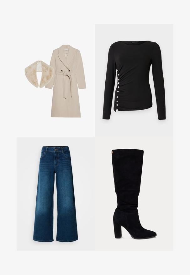 Manteau en laine beige avec un design croisé, une ceinture et de grands revers ; associé à un col en fausse fourrure douce dans une teinte assortie.; Haut noir à manches longues avec un col rond, doté de fronces latérales et d'accents de boutons blancs sur le côté gauche. Texture de tissu lisse.; Jean large en denim bleu foncé. Doté d'une taille haute, d'une fermeture à bouton et d'un design classique à cinq poches avec une légère décoloration.; Botte femme en daim noir montante jusqu’au genou avec talon bloc et bout pointu, avec une petite étiquette logo dorée près du haut à l’arrière.