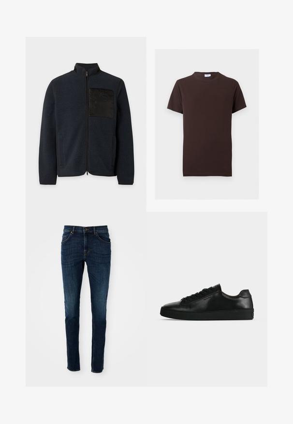 Zwarte fleecejas met rits, hoge kraag en een gladde, gestructureerde borstzak op een effen achtergrond.; Effen donkerbruine T-shirt met korte mouwen en ronde halslijn, slim fit en een klein wit label aan de binnenkant van de kraag.; Donkerblauwe denim jeans met een slim fit, gestructureerd ontwerp, vijf-pocketstijl en lichte vervagingdetails langs de benen en naden.; Zwarte lage leren sneaker met zwarte veters en een dikke zwarte zool, getoond van opzij tegen een lichtgrijze achtergrond.
