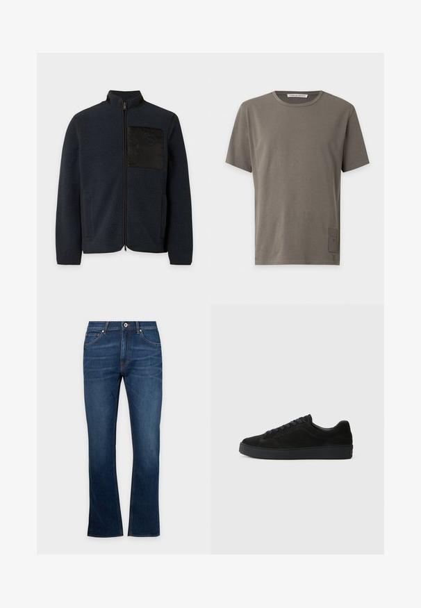 Μαύρο fleece μπουφάν με φερμουάρ, ψηλό γιακά και τσέπη στο στήθος με λείο υφή σε απλό φόντο.; Κοντομάνικη ελιά πράσινη μπλούζα με στρογγυλή λαιμόκοψη και μικρή ορθογώνια ετικέτα κοντά στο κάτω μέρος στην αριστερή πλευρά.; Τζιν κανονικής εφαρμογής σκούρου μπλε με μπροστινές και πίσω τσέπες, κλείσιμο με κουμπί και ορατές ραφές σε απλό ανοιχτό φόντο.; Μαύρο σουέτ αθλητικό παπούτσι με επίπεδη, υφασμάτινη σόλα, στρογγυλή μύτη, έξι θηλιές για κορδόνια και μινιμαλιστικό σχεδιασμό.