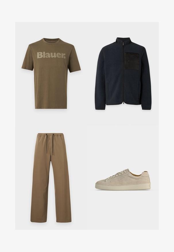 Μαύρο fleece μπουφάν με φερμουάρ, ψηλό γιακά και τσέπη στο στήθος με λείο υφή σε απλό φόντο.; Λαδί κοντομάνικο T-shirt με στρογγυλή λαιμόκοψη και μεγάλο κείμενο "Blauer." τυπωμένο στο στήθος με πιο ανοιχτή απόχρωση.; Καφέ παντελόνια με ίσια κοπή, ελαστική μέση και μαύρα κορδόνια, απεικονιζόμενα σε απλό ανοιχτό φόντο.; Μπεζ σουέτ αθλητικό παπούτσι χαμηλό με κορδόνια και παχύ λαστιχένιο πέλμα, εμφανιζόμενο από το πλάι σε λευκό φόντο.