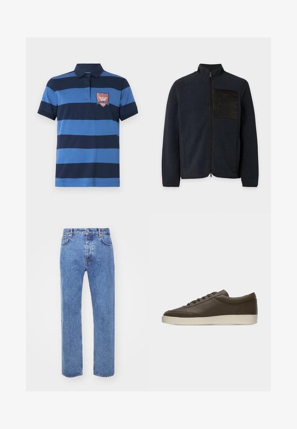 Veste polaire noire zippée avec un col montant et une poche poitrine à texture lisse sur fond uni.; Polo à rayures horizontales bleu marine et bleu clair, manches courtes, col, et un emblème rouge brodé avec l'inscription "Emporio Armani Club".; Won Hundred STEVE - Jean boyfriend - cut blue; Baskets basses en cuir marron foncé avec lacets sur le devant et semelle en caoutchouc couleur crème, vues de côté extérieur sur fond blanc.