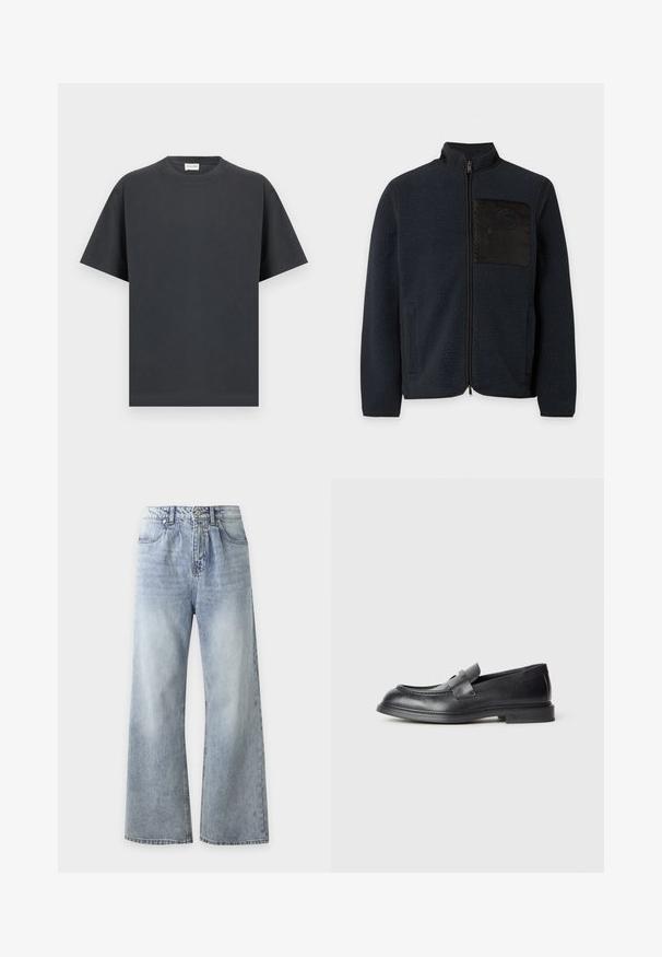 Μαύρο fleece μπουφάν με φερμουάρ, ψηλό γιακά και τσέπη στο στήθος με λείο υφή σε απλό φόντο.; Μαύρο κοντομάνικο μπλουζάκι με στρογγυλή λαιμόκοψη και ίσια μπροστινή όψη, απλωμένο επίπεδα σε ανοιχτό γκρι φόντο.; Φωτεινό γαλάζιο τζιν με ψηλή μέση και φαρδιά πόδια, με μπροστινές τσέπες, κούμπωμα με κουμπιά και ξεθωριασμένο πλύσιμο στους μηρούς και στα γόνατα.; Μαύρα δερμάτινα μοκασίνια με υφή, με διακοσμητικό λουράκι στο μπροστινό μέρος και στρογγυλεμένη μύτη. Εξωτερική σόλα από καουτσούκ για ανθεκτικότητα.
