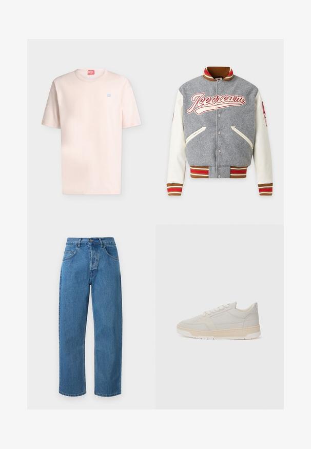Veste varsity grise et blanche avec poignets et col rayés marron, rouge et blanc, poches avant, boutons pression et logo « Icecream » sur la poitrine.; T-shirt rose clair à manches courtes et col rond avec petit logo Diesel bleu sur la poitrine et étiquette Diesel rouge à l'intérieur du col.; Jean en denim bleu coupe droite avec taille haute, bouton frontal, fermeture éclair et design à cinq poches sur fond blanc.; Sneaker gris clair en daim avec une semelle en caoutchouc crème. Doté de lacets plats, d'un design minimaliste et d'un branding subtil sur le côté.