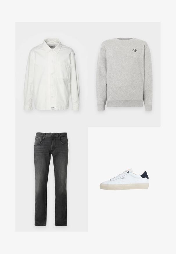 Witte overhem shirt van katoen, met een klassieke kraag, lange mouwen en een enkele borstzak. Glad oppervlak, eenvoudig ontwerp.; Grijze sweatshirt gemaakt van een katoenmix, met een ronde hals en geribbelde manchetten. Een klein zwart diamantlogo is geborduurd op de borst.; Donkergrijze spijkerbroek met een rechte pijpdesign, vijf zakken en subtiele vervaging. Voorkant met knoopsluiting en riemlussen.; Witte lage sneaker met een beige zool, witte veters, zwarte hielstrook en het logo "Pepe Jeans London" aan de zijkant.