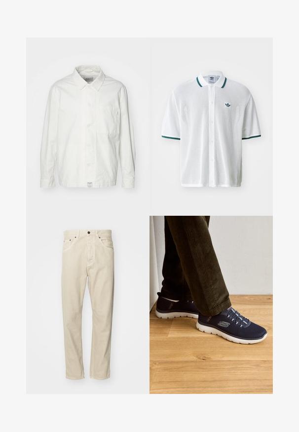 Camisa blanca de botones hecha de algodón, con cuello clásico, mangas largas y un bolsillo en el pecho. Textura suave, diseño sencillo.; Polo de malla blanca con detalles verdes en el cuello y las mangas, con un pequeño logo verde en el pecho izquierdo y cierre frontal con botones.; Pantalones de algodón beige con diseño de pierna recta, cinco bolsillos y acentos de metal. Textura suave con detalles de costura mínimos.; Zapatillas de malla en color navy con suelas blancas, que cuentan con cordones elásticos y un detalle de logo. Diseño casual con una construcción ligera.
