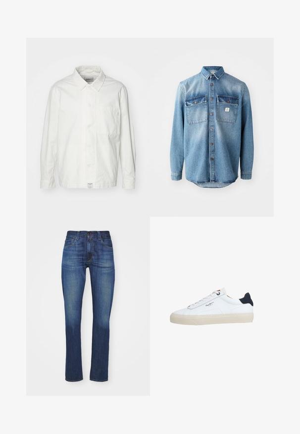 Hvid skjorte med knapper lavet af bomuld, med en klassisk krave, lange ærmer og en enkelt brystlomme. Glat tekstur, enkelt design.; Lyseblå denimskjorte med lange ærmer, to brystlommer, knaplukning foran og kontrasterende mørkere lommer. Har en rund spænding.; Mørkeblå denim jeans i slim fit med et klassisk femlommersdesign, der har lynlås og knaplukning samt subtil slidtegn.; Hvid lavtop-sneaker med beige sål, hvide snørebånd, sort hælkappe og "Pepe Jeans London"-logo på siden.