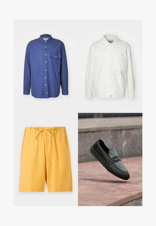 Chemise blanche à boutons en coton, dotée d'un col classique, de manches longues et d'une poche poitrine unique. Texture lisse, design simple.; Chemise à manches longues bleu marine en tissu tissé, avec un col pointu, une poche avant et des boutons blancs le long de la patte de boutonnage.; Shorts jaunes mi-genoux avec une taille élastique et un cordon noué à l'avant, fabriqués en tissu léger.; Chaussure noire et grise à enfiler avec semelle en caoutchouc, flottant au-dessus d'une surface en béton et d'un fond en pierre grise.