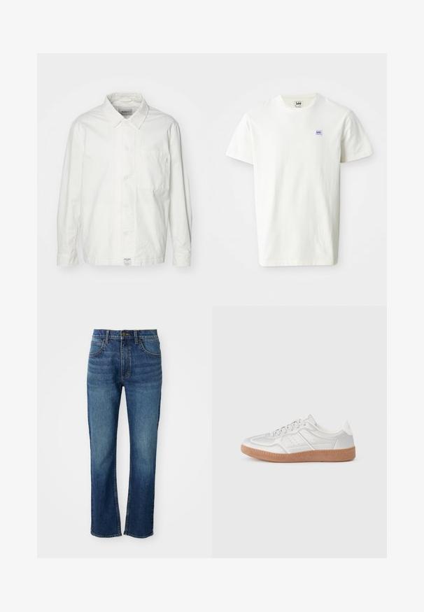 Hvid skjorte med knapper lavet af bomuld, med en klassisk krave, lange ærmer og en enkelt brystlomme. Glat tekstur, enkelt design.; Hvid bomulds T-shirt med rund hals og korte ærmer. Viser et lille rektangulært lilla og blå Lee-logo på venstre bryst.; Blå denim jeans med lige ben-design, der har fem lommer, en knaplukning og kontrasterende gule syninger. Glat tekstur.; Sølv sneakers med en glat overflade, snørebånd, perforerede detaljer og en struktureret brun gummi sål.