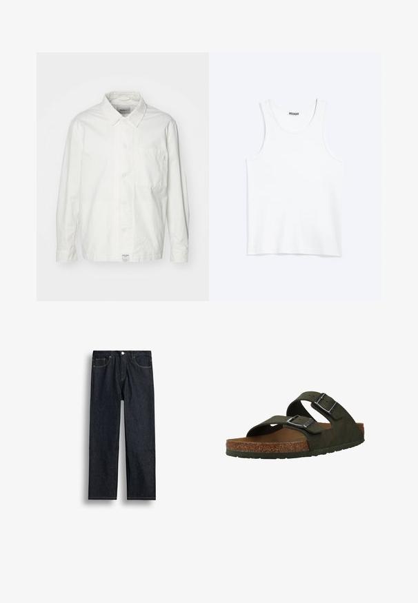 Camisa blanca de botones hecha de algodón, con cuello clásico, mangas largas y un bolsillo en el pecho. Textura suave, diseño sencillo.; Camiseta sin mangas blanca con cuello redondo y etiqueta de la marca Weekday en el interior del cuello trasero, mostrada plana sobre un fondo claro.; Vaqueros de denim azul oscuro de pierna recta con botón delantero, cremallera y diseño de cinco bolsillos sobre un fondo blanco.; Sandalias verdes tipo slip-on con dos correas ajustables, una plantilla de corcho y suela de goma. Presentan hebillas plateadas y un material superior texturizado.
