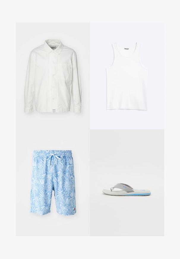 Weiße Button-Down-Hemd aus Baumwolle, mit klassischem Kragen, langen Ärmeln und einer Brusttasche. Glatte Textur, schlichtes Design.; Weißes ärmelloses Tanktop mit rundem Ausschnitt und Weekday-Markenetikett auf der Innenseite des hinteren Kragens, flach auf hellem Hintergrund dargestellt.; Hellblaue Badeshorts mit einem weißen abstrakten Muster, elastischem Bund und Kordelzug. Logo auf der linken Vorderseite und seitlichen Schlitzen am Saum.; Leichte Flip-Flops in Grau mit einem strukturierten Riemen und blauen Akzenten an der Sohle. Bestehen aus strapazierfähigem Gummi und haben eine gepolsterte Fußbett.