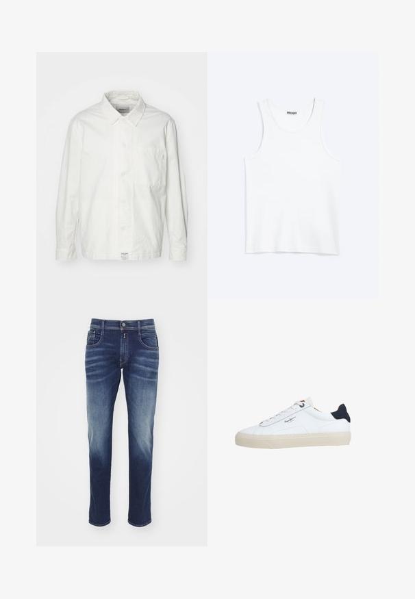 Hvid skjorte med knapper lavet af bomuld, med en klassisk krave, lange ærmer og en enkelt brystlomme. Glat tekstur, enkelt design.; Hvid ærmeløs tanktop med rund halsudskæring og Weekday-mærke på den indvendige baghals, vist fladt på lys baggrund.; Mørkeblå denim jeans med lige ben, let slidte områder, fem lommer, knaplukning og syede detaljer langs sømmene.; Hvid lavtop-sneaker med beige sål, hvide snørebånd, sort hælkappe og "Pepe Jeans London"-logo på siden.