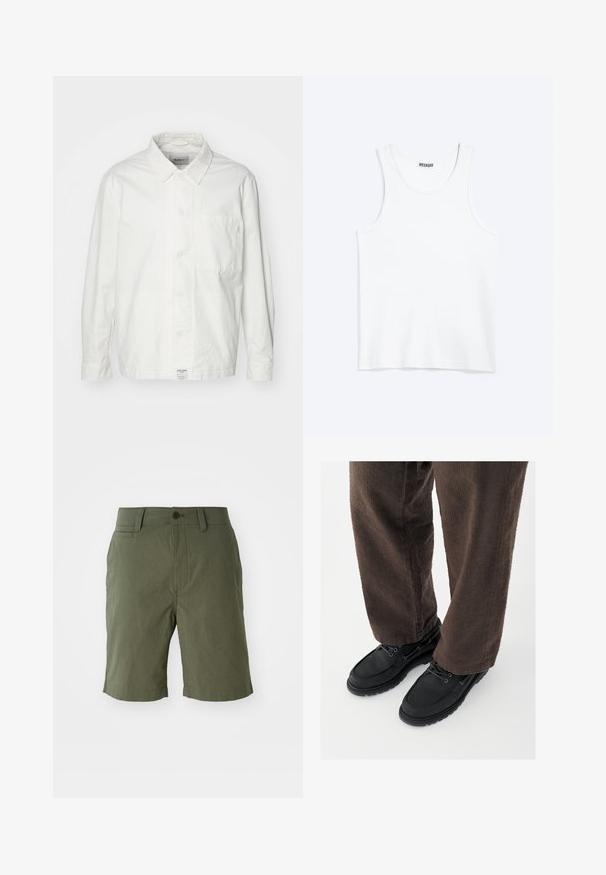Chemise blanche à boutons en coton, dotée d'un col classique, de manches longues et d'une poche poitrine unique. Texture lisse, design simple.; Débardeur blanc sans manches avec col rond et étiquette de la marque Weekday à l'intérieur du col arrière, présenté à plat sur un fond clair.; Shorts vert olive en tissu léger, avec un devant plat, deux poches latérales, une poche arrière unique et une fermeture à bouton.; Chaussures en cuir noir avec une finition lisse, bout arrondi et design à lacets, associées à un pantalon marron texturé. Vue en contre-plongée.