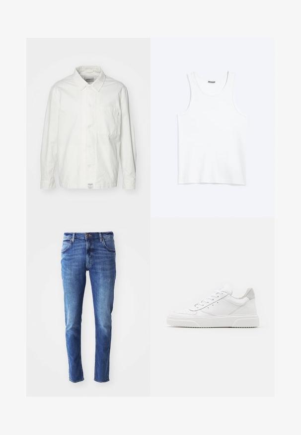 Witte overhem shirt van katoen, met een klassieke kraag, lange mouwen en een enkele borstzak. Glad oppervlak, eenvoudig ontwerp.; Wit mouwloos hemdje met ronde hals en Weekday-merklabel aan de binnenkant van de achterkraag, plat weergegeven op een lichte achtergrond.; Blauwe jeans van denim met een slim fit, vijf zakken en een lichte vervaging. Voorzien van een merkbutton en een ritsluiting.; Witte leren sneakers met een gladde afwerking, ronde neus, platte veters en een gestructureerde zool. Grijze suède accent bij de hiel.