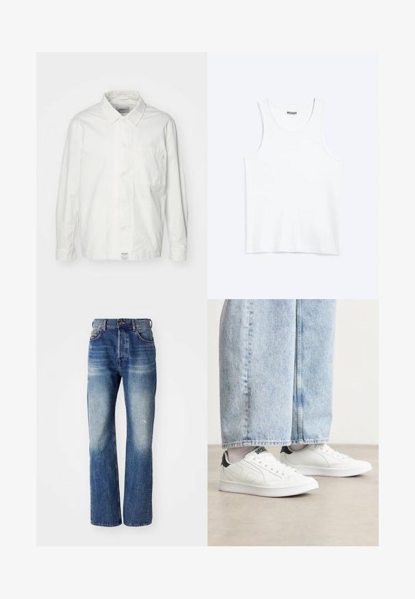 Hvid skjorte med knapper lavet af bomuld, med en klassisk krave, lange ærmer og en enkelt brystlomme. Glat tekstur, enkelt design.; Hvid ærmeløs tanktop med rund halsudskæring og Weekday-mærke på den indvendige baghals, vist fladt på lys baggrund.; Blå denim jeans med lige ben-design, der har lys falmning og let whiskering fortil. Standard fem-lomme stil.; Hvide sneakers med en glat lædertekstur, sorte hæl detaljer og perforerede elementer. Sammen med lyseblå bukser med vide ben i denim.