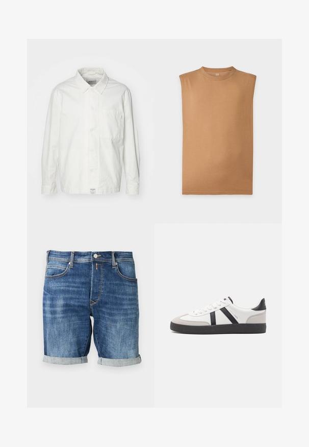 Chemise blanche à boutons en coton, dotée d'un col classique, de manches longues et d'une poche poitrine unique. Texture lisse, design simple.; T-shirt sans manches de couleur brun clair avec col rond, design uni et logo GAP à l'intérieur du col sur fond blanc.; Short en jean d'un bleu moyen, présentant un design classique avec un revers roulé à l'ourlet, des coutures contrastantes et des poches avant.; Baskets blanches avec des accents noirs et gris, présentant un embout texturé gris, une semelle en caoutchouc noir et des lacets plats blancs. Design épuré, style minimaliste.
