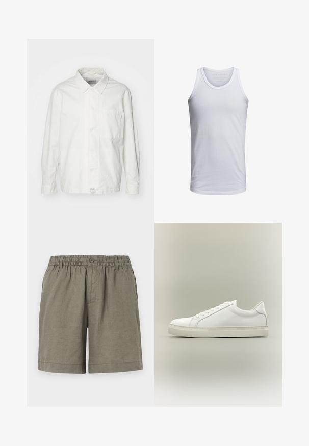 Hvid skjorte med knapper lavet af bomuld, med en klassisk krave, lange ærmer og en enkelt brystlomme. Glat tekstur, enkelt design.; Hvid bomulds tank top med rund halsudskæring, brede skulderstropper og minimal branding trykt indeni kraven. Blød tekstur, afslappet pasform.; Khaki shorts i letvægtsstof med elastisk talje og knaplukning. Har et lige ben design og optrukket kant.; Hvid lavtop sneaker med snørebånd foran og tyk sål, vist fra siden mod en neutral baggrund.