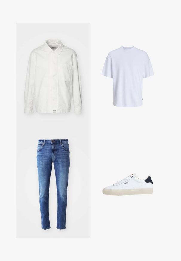 Chemise blanche à boutons en coton, dotée d'un col classique, de manches longues et d'une poche poitrine unique. Texture lisse, design simple.; T-shirt en coton blanc avec un col rond et des manches courtes. Présente une coupe décontractée et une texture lisse, sans motifs ni accents visibles.; Jean en denim bleu avec une coupe slim, design à cinq poches et léger délavage. Équipé d'un bouton et d'une fermeture éclair de marque.; Baskets basses blanches avec semelle beige, lacets blancs, languette de talon noire et logo "Pepe Jeans London" sur le côté.