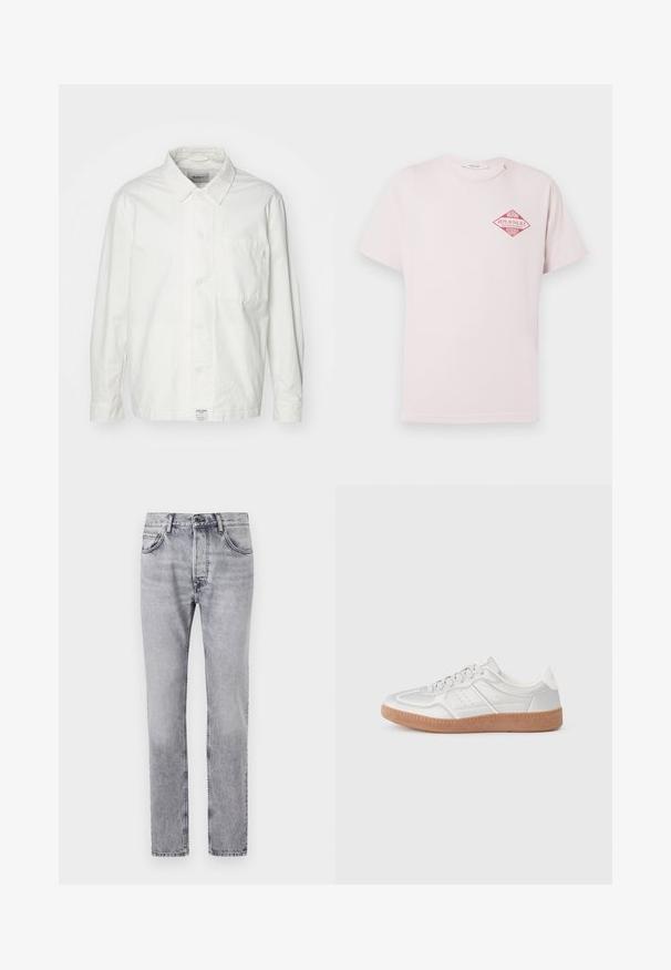 Hvid skjorte med knapper lavet af bomuld, med en klassisk krave, lange ærmer og en enkelt brystlomme. Glat tekstur, enkelt design.; Lyserød T-shirt med korte ærmer og en rød diamantformet grafik med teksten "Miami Replay Palace Florida" på den øverste venstre bryst.; Grå denimjeans har en lige pasform, fem lommer og diskrete falmede detaljer. Metalknap og lynlås lukning foran.; Sølv sneakers med en glat overflade, snørebånd, perforerede detaljer og en struktureret brun gummi sål.