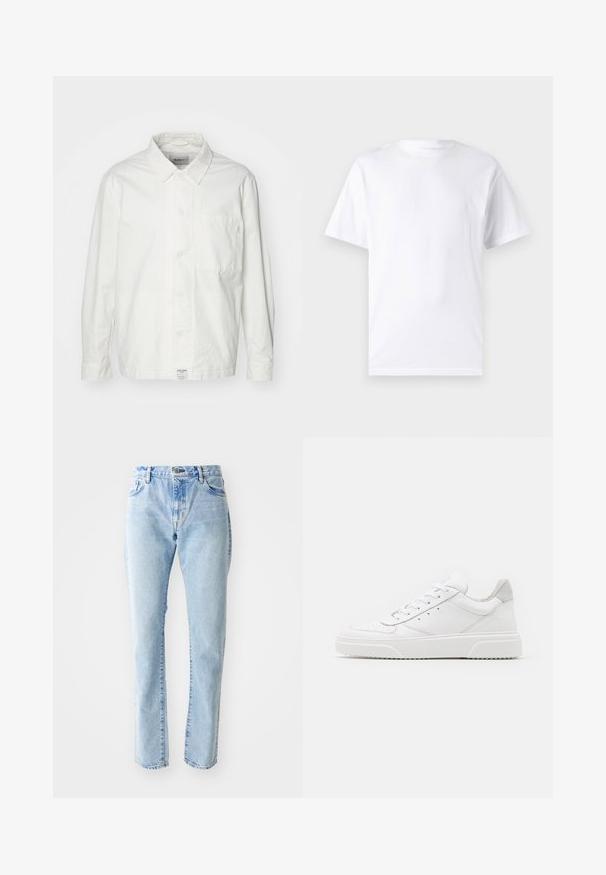 Chemise blanche à boutons en coton, dotée d'un col classique, de manches longues et d'une poche poitrine unique. Texture lisse, design simple.; T-shirt blanc à manches courtes en coton avec un col rond, présentant une texture lisse et un design simple, sans motifs ni accents.; Jeans en denim bleu clair avec une coupe droite, style cinq poches et taille haute. Peu de décoloration et pas d'ornements visibles.; Des baskets en cuir blanc avec une finition lisse, un bout rond, des lacets plats et une semelle texturée. Accents en daim gris au niveau du talon.