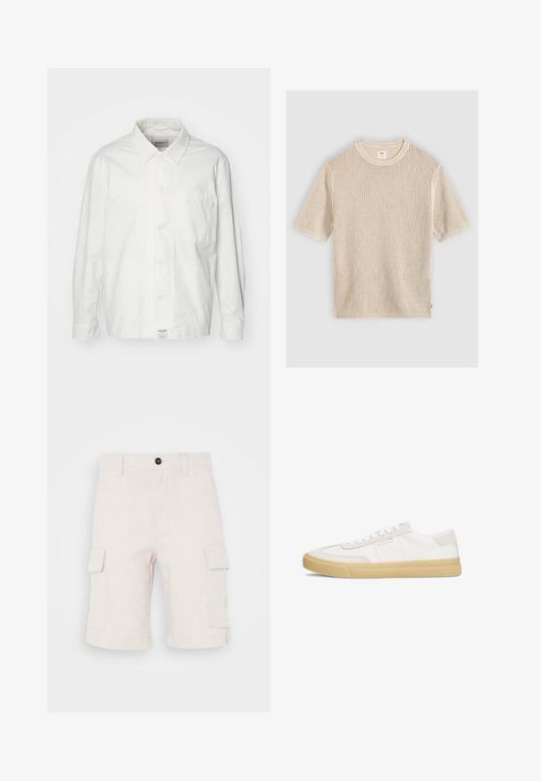 Hvid skjorte med knapper lavet af bomuld, med en klassisk krave, lange ærmer og en enkelt brystlomme. Glat tekstur, enkelt design.; Beige kortærmet striktrøje med rund halsudskæring og tekstureret åbent vævet mønster, lagt fladt på en lys baggrund.; Beige cargo shorts lavet af letvægtsstof, med to sidelommer og en foldet nederkant. Knaplukning i taljen.; Hvide sneakers lavet af læder og ruskind, med snørestropper, en tan gummisål og et lille logo på siden.