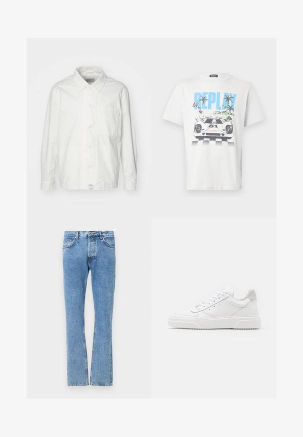 Hvid skjorte med knapper lavet af bomuld, med en klassisk krave, lange ærmer og en enkelt brystlomme. Glat tekstur, enkelt design.; Hvid bomulds-T-shirt med et farverigt motiv af en racerbils, palmer og ternede flag, med "REPLAY" tydeligt vist.; Lyseblå denim jeans med lige ben, fem lommer og kontrasterende syninger. Standard talje med knaplukning.; Hvide lædersneakers med en glat finish, rund tå, flade snørebånd og en struktureret sål. Grå ruskindsdetalje ved hælen.