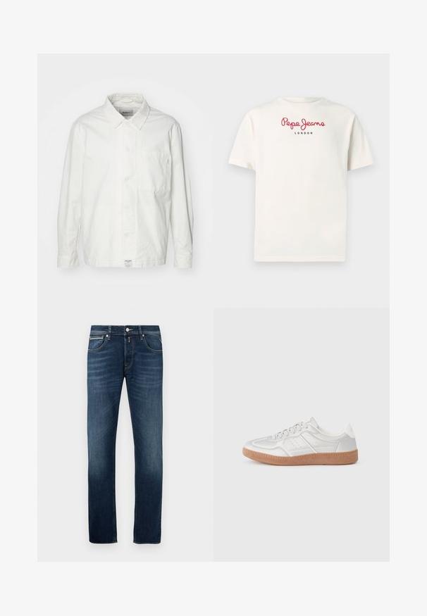 Weiße Button-Down-Hemd aus Baumwolle, mit klassischem Kragen, langen Ärmeln und einer Brusttasche. Glatte Textur, schlichtes Design.; Weißes Baumwoll-T-Shirt mit kurzen Ärmeln. Das rote Logo in Schreibschrift zeigt "Pepe Jeans" über dem in Schwarz geschriebenen "LONDON". Einfaches, lässiges Design.; Dunkelblaue Gerade geschnittene Jeans mit leichter Ausbleichung an den Oberschenkeln, fünf Taschen und einem metallenen Knopfverschluss an der Taille.; Silberne Sneakers mit glatter Textur, Schnürdesign, durchbrochenen Akzenten und einer strukturierten braunen Gummisohle.