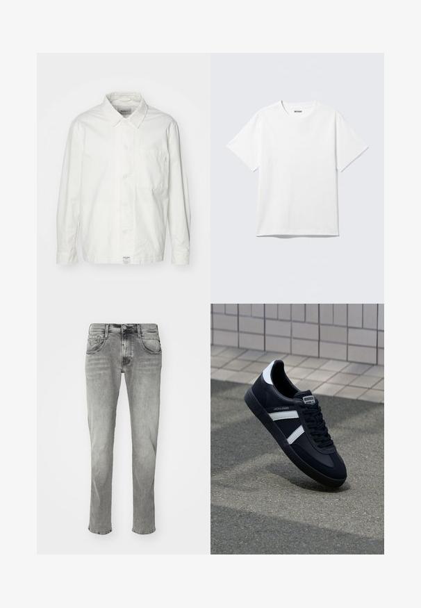 Hvid skjorte med knapper lavet af bomuld, med en klassisk krave, lange ærmer og en enkelt brystlomme. Glat tekstur, enkelt design.; Hvid kortærmet crewneck T-shirt lagt fladt ud, ensfarvet design, med "WEEKDAY" mærkat inde i kraven på en lys baggrund.; Grå denim jeans med lige pasform, udstyret med syede lommer, en knaplukning og en subtil falmning i hele stoffet.; Sort lædersneaker med hvide striber, tekstureret gummisål og snørrebånd foran. Har et brandet mærke på tungen.