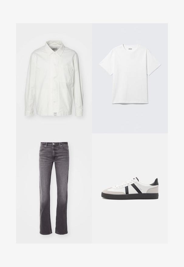 Weiße Button-Down-Hemd aus Baumwolle, mit klassischem Kragen, langen Ärmeln und einer Brusttasche. Glatte Textur, schlichtes Design.; Weißes T-Shirt mit kurzen Ärmeln und Rundhalsausschnitt, flach liegend, schlichtes Design, mit „WEEKDAY“-Etikett innen im Kragen auf hellem Hintergrund.; Nahaufnahme von schwarzen Denim-Jeans auf der Rückseite mit Lee-Lederpatch und kleinem Stofflabel, getragen mit einem in die Hose gesteckten weißen Hemd.; Weiße Sneaker mit schwarz- und grau-aczenten, ausgestattet mit einer strukturierten grauen Zehenkappe, schwarzer Gummi-Sohle und flachen weißen Schnürsenkeln. Sauberes Design, minimalistische Stil.