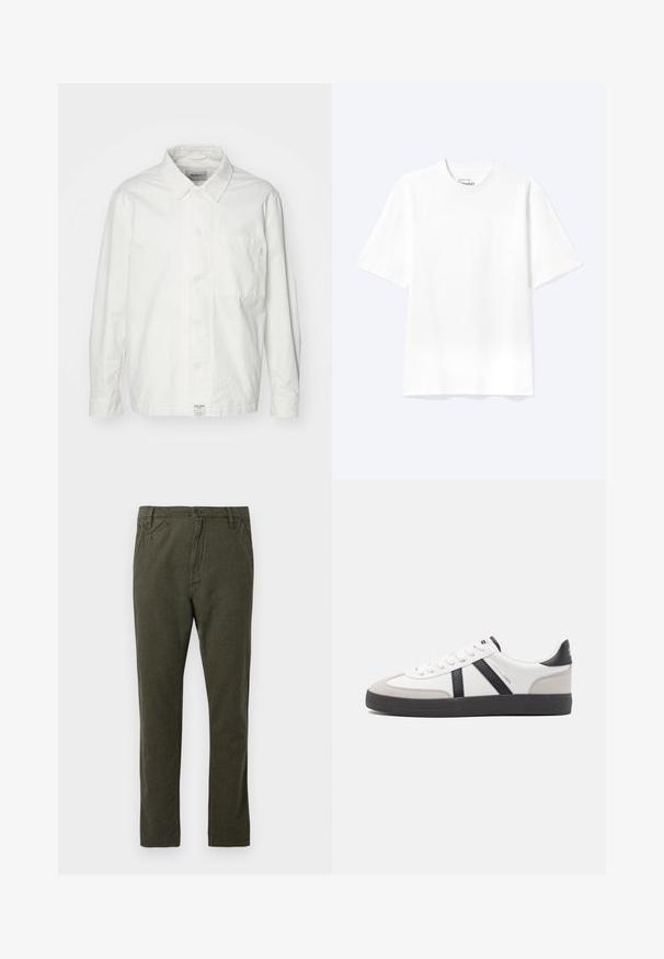Weiße Button-Down-Hemd aus Baumwolle, mit klassischem Kragen, langen Ärmeln und einer Brusttasche. Glatte Textur, schlichtes Design.; Schlichtes weißes T-Shirt mit kurzen Ärmeln und Rundhalsausschnitt in entspannter Passform, auf hellem Hintergrund dargestellt.; Gerade geschnittene Chino-Hosen in dunkelolivgrün mit vorderem Knopf- und Reißverschluss, seitlichen und kleinen schrägen Vordertaschen.; Weiße Sneaker mit schwarz- und grau-aczenten, ausgestattet mit einer strukturierten grauen Zehenkappe, schwarzer Gummi-Sohle und flachen weißen Schnürsenkeln. Sauberes Design, minimalistische Stil.