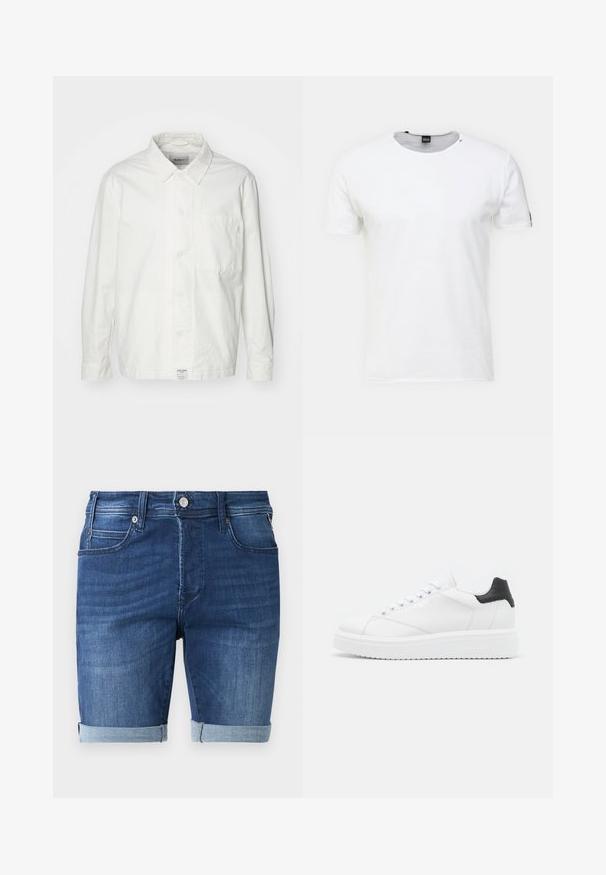 Weiße Button-Down-Hemd aus Baumwolle, mit klassischem Kragen, langen Ärmeln und einer Brusttasche. Glatte Textur, schlichtes Design.; Weißes Kurzarm-T-Shirt aus Baumwolle mit Rundhalsausschnitt, das einen kleinen schwarzen Akzent am linken Ärmel und eine saubere, glatte Textur aufweist.; Dunkelblaue Denim-Shorts mit glatter Textur, ausgestattet mit einem umgeschlagenen Saum, einem Fünf-Taschen-Design und einem Metallknopfverschluss an der Taille.; Weiße Leder-Sneaker mit schwarzem Fersenbereich, flachen Schnürsenkeln, strukturiertem Zwischensohlenteil und Branding auf der Außenseite. Entworfen für den Casual-Look.