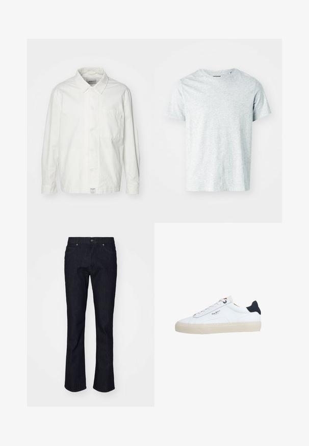 Hvid skjorte med knapper lavet af bomuld, med en klassisk krave, lange ærmer og en enkelt brystlomme. Glat tekstur, enkelt design.; Lys grå, kortærmet t-shirt lavet af blødt stof, med en rund hals og en let afslappet pasform. Ingen synlige mønstre eller grafik.; Mørk denim jeans med lige ben-design, der har en klassisk fire-lomme stil og diskrete syninger. Metalknap og nitter inkluderet.; Hvid lavtop-sneaker med beige sål, hvide snørebånd, sort hælkappe og "Pepe Jeans London"-logo på siden.