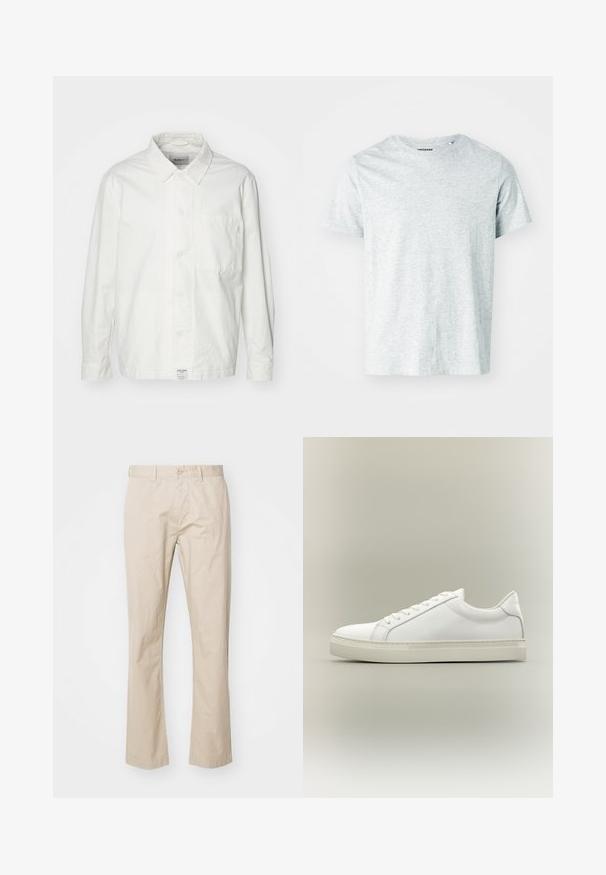 Camisa blanca de botones hecha de algodón, con cuello clásico, mangas largas y un bolsillo en el pecho. Textura suave, diseño sencillo.; Camiseta de manga corta gris claro, confeccionada en una tela suave, con cuello redondo y un corte ligeramente relajado. Sin patrones ni gráficos visibles.; Chinos de algodón beige con un diseño de pierna recta, que cuentan con un cierre de botón y pliegues sutiles para dar textura. Tela suave y líneas limpias.; Zapatilla blanca de perfil bajo con cordones en la parte delantera y suela gruesa, mostrada de lado sobre un fondo neutro.