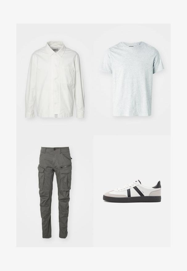 Hvid skjorte med knapper lavet af bomuld, med en klassisk krave, lange ærmer og en enkelt brystlomme. Glat tekstur, enkelt design.; Lys grå, kortærmet t-shirt lavet af blødt stof, med en rund hals og en let afslappet pasform. Ingen synlige mønstre eller grafik.; Grå cargo bukser lavet af slidstærkt stof, med flere lommer, lynlåse, knaplukning og et tapered ben design.; Hvide sneakers med sorte og grå detaljer, med en tekstureret grå tåhætte, sort gummisål og flade hvide snørebånd. Rent design, minimalistisk stil.