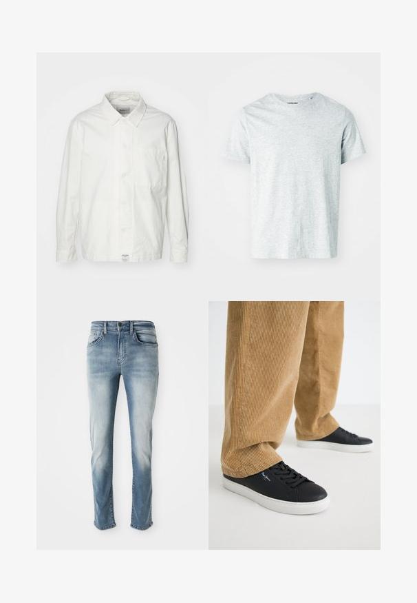 Chemise blanche à boutons en coton, dotée d'un col classique, de manches longues et d'une poche poitrine unique. Texture lisse, design simple.; T-shirt gris clair à manches courtes en tissu doux, avec un col rond et une coupe légèrement décontractée. Aucun motif ou graphique visible.; Jeans en denim bleu clair avec un design classique à cinq poches, une décoloration subtile et une coupe droite. Comprend une fermeture à bouton et des passants de ceinture.; Baskets en cuir noir avec des semelles en caoutchouc blanches. Portées avec un pantalon en velours côtelé beige à côtes verticales et à coupe décontractée.