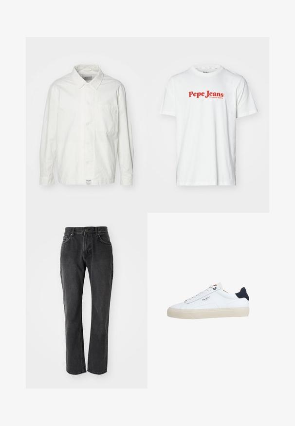 Hvid skjorte med knapper lavet af bomuld, med en klassisk krave, lange ærmer og en enkelt brystlomme. Glat tekstur, enkelt design.; Hvid bomulds t-shirt med rød "Pepe Jeans" logo tekst. Korte ærmer og rund halsudskæring, med en standard pasform og ingen synlige mønstre.; Sorte denim jeans med lige pasform, der har fem lommer, knaplukning og syede detaljer langs sømmene og lommerne.; Hvid lavtop-sneaker med beige sål, hvide snørebånd, sort hælkappe og "Pepe Jeans London"-logo på siden.