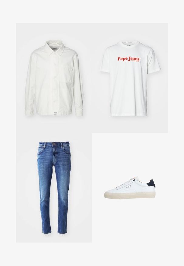Weiße Button-Down-Hemd aus Baumwolle, mit klassischem Kragen, langen Ärmeln und einer Brusttasche. Glatte Textur, schlichtes Design.; Weißes Baumwoll-T-Shirt mit rotem "Pepe Jeans"-Logotext. Kurze Ärmel und runder Halsausschnitt, mit normaler Passform und ohne sichtbare Muster.; Blaue Jeans aus Denim im Slim Fit mit einem Five-Pocket-Design und leichten Abnutzungen. Mit einer markierten Knopf- und Reißverschlussöffnung.; Weißer Sneaker in niedriger Schnittform mit beiger Sohle, weißen Schnürsenkeln, schwarzem Fersenlasche und dem "Pepe Jeans London"-Logo an der Seite.