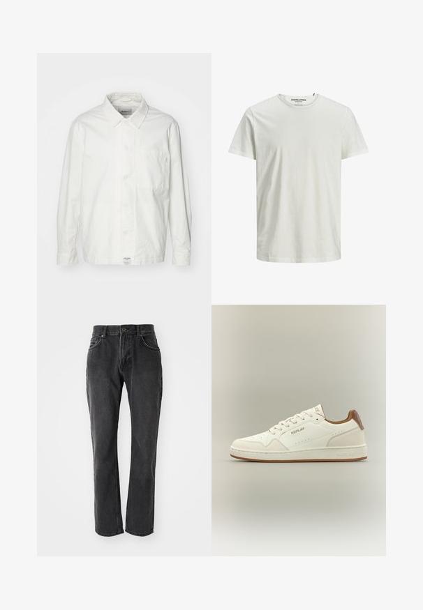 Weiße Button-Down-Hemd aus Baumwolle, mit klassischem Kragen, langen Ärmeln und einer Brusttasche. Glatte Textur, schlichtes Design.; Weißes kurzärmeliges T-Shirt aus Bio-Baumwolle. Mit Rundhalsausschnitt und lockerer Passform, aus einem einfachen, glatten Material.; Schwarze Denim-Jeans mit geradem Schnitt, ausgestattet mit fünf Taschen, einem Knopfverschluss und genähten Details entlang der Nähte und Taschen.; Weißer Sneaker mit niedrigem Schaft und braunem Kragen, perforierten Details, Schnürverschluss vorne und "Replay"-Markierung an der Seite, Zunge und Sohle.