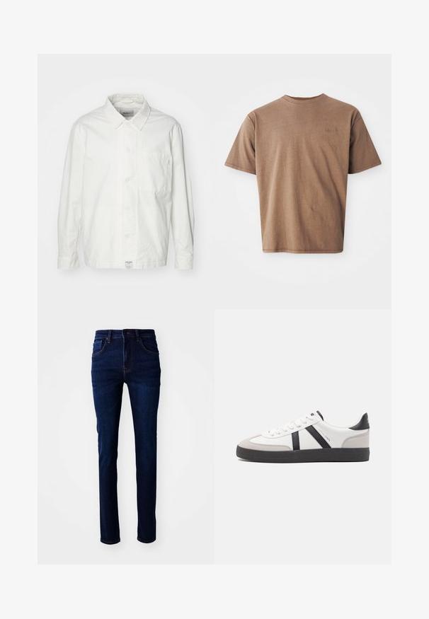 Witte overhem shirt van katoen, met een klassieke kraag, lange mouwen en een enkele borstzak. Glad oppervlak, eenvoudig ontwerp.; Bruine katoenen t-shirt met ronde hals, korte mouwen en een discreet geborduurd logo op de linkerborst. Soepele structuur, relaxte pasvorm.; Donkerblauwe denim jeans met een rechte snit, vijf-pocketontwerp en subtiele stiksels. De stof heeft een soepele textuur.; Witte sneaker met zwarte en grijze accenten, voorzien van een grijze neus met textuur, zwarte rubberen zool en platte witte veters. Schoon ontwerp, minimalistische stijl.
