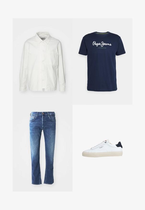 Witte overhem shirt van katoen, met een klassieke kraag, lange mouwen en een enkele borstzak. Glad oppervlak, eenvoudig ontwerp.; Marineblauwe katoenen t-shirt met een ronde hals en korte mouwen. Inclusief witte "Pepe Jeans" tekst en "LONDEN" in het groen eronder.; Donkerblauwe spijkerbroek met een rechte pijpdesign, voorzien van vijf zakken, een bruine knoopsluiting en subtiele lichte vervaging op de bovenbenen.; Witte lage sneaker met een beige zool, witte veters, zwarte hielstrook en het logo "Pepe Jeans London" aan de zijkant.